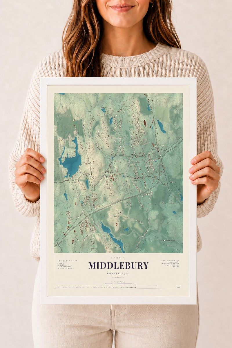 Middlebury, Connecticut map print, 12" x 18", W/ White Ayous Wood Frame