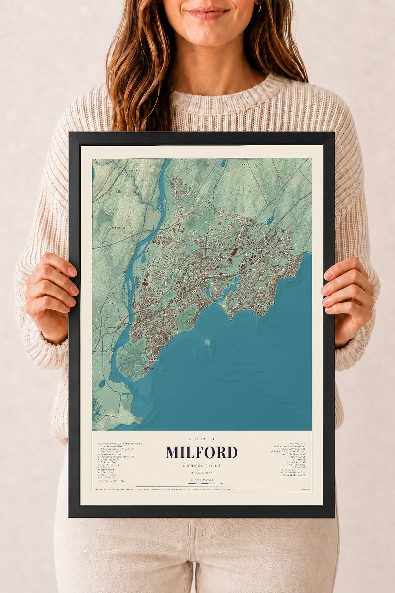 Milford, Connecticut map print, 12" x 18", W/ Black Ayous Wood Frame