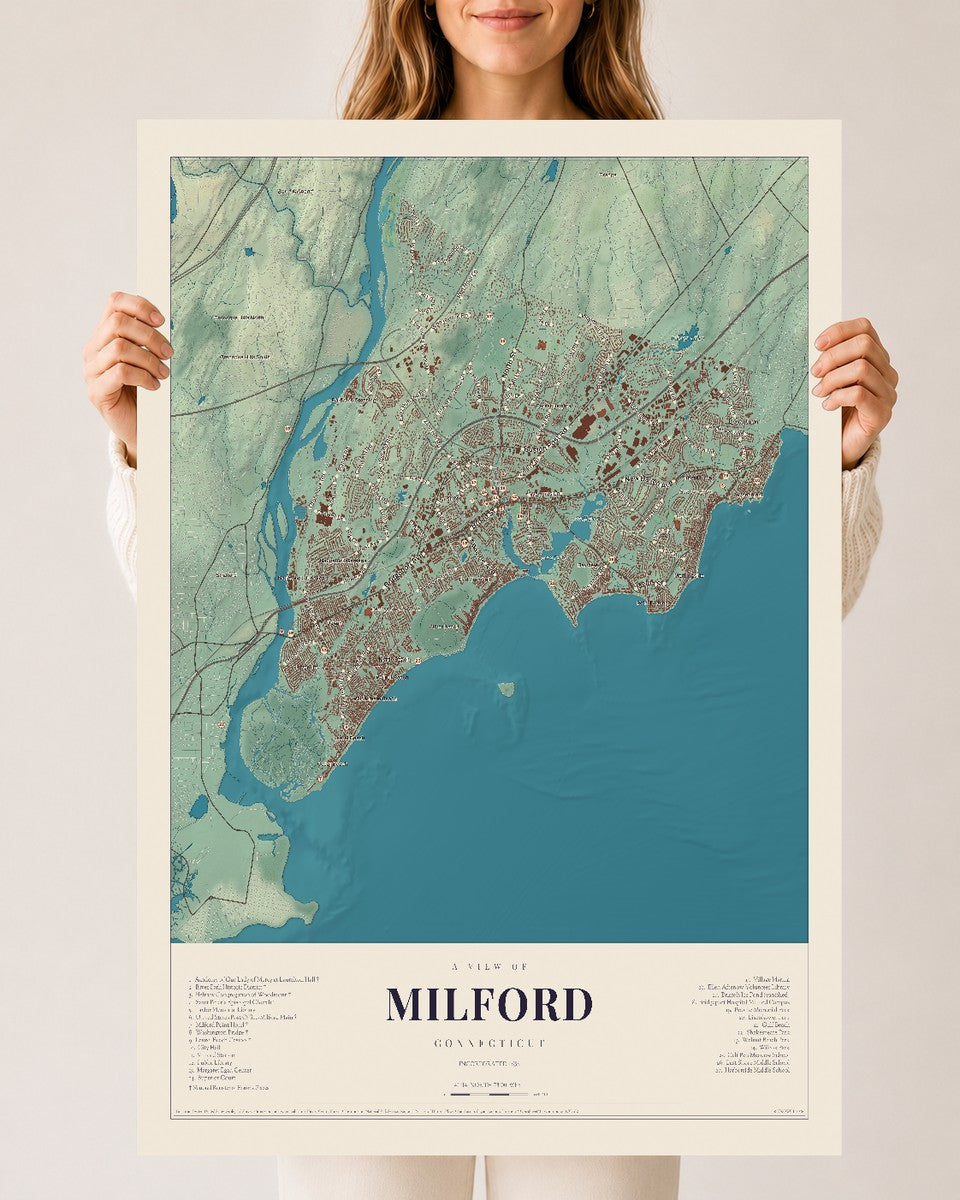 Milford, Connecticut map print, 24" x 36", Archival Matte Print