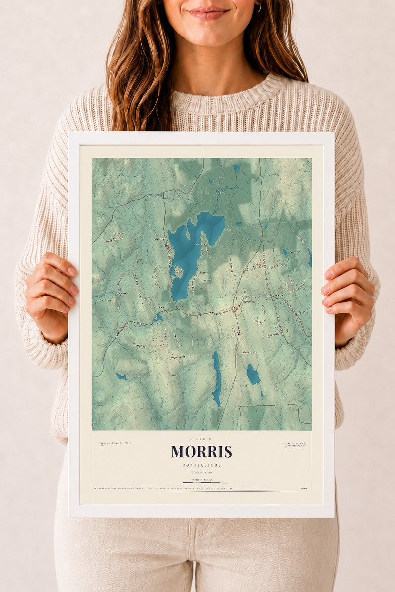 Morris, Connecticut map print, 12" x 18", W/ White Ayous Wood Frame