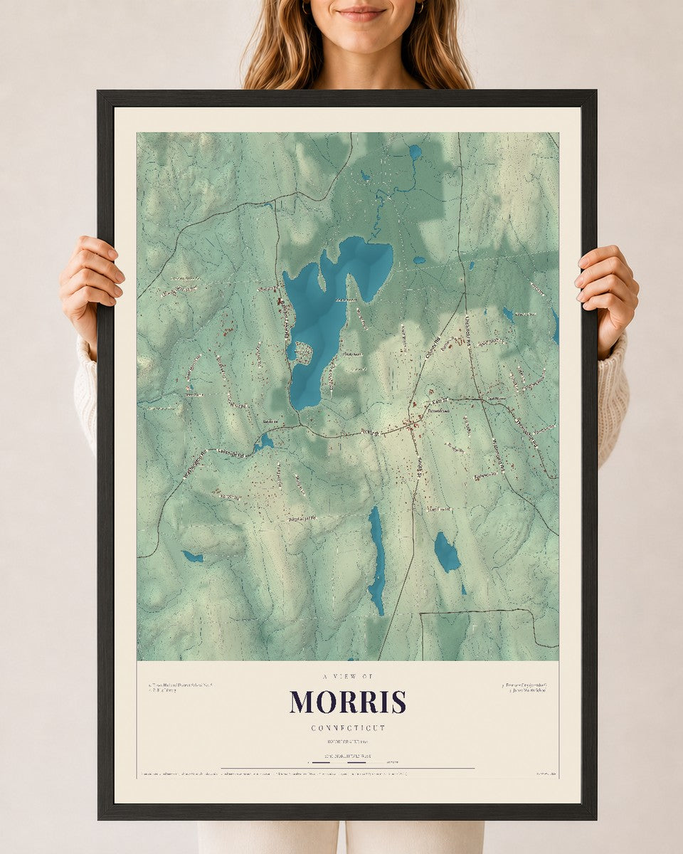 Morris, Connecticut map print, 24" x 36", W/ Black Ayous Wood Frame