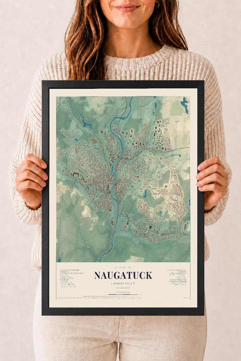 Naugatuck, Connecticut map print, 12" x 18", W/ Black Ayous Wood Frame