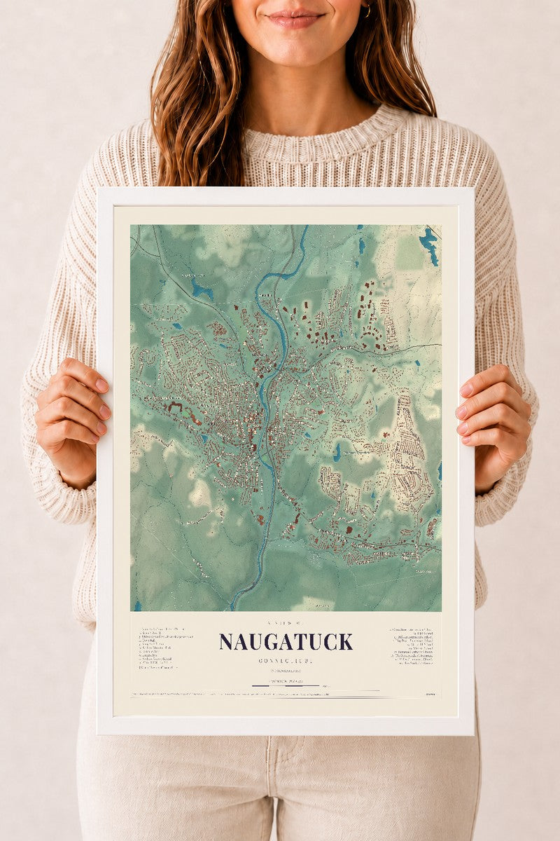 Naugatuck, Connecticut map print, 12" x 18", W/ White Ayous Wood Frame
