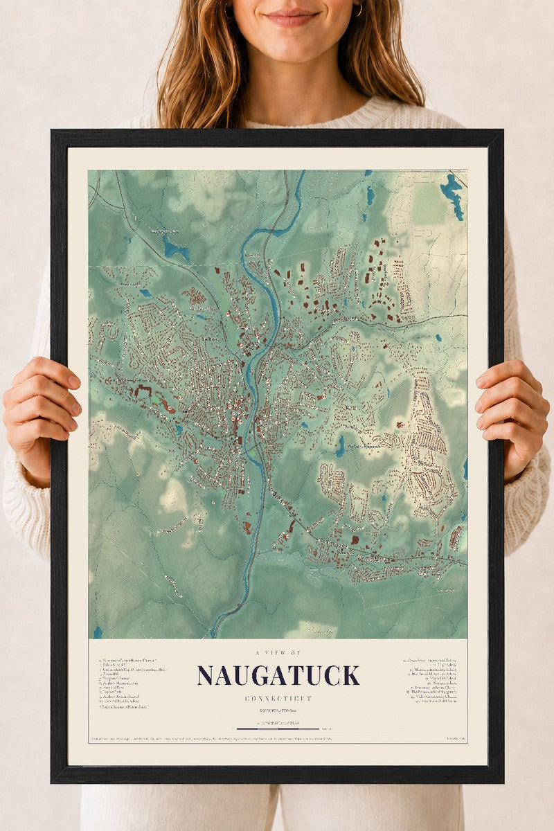 Naugatuck, Connecticut map print, 18" x 24", W/ Black Ayous Wood Frame