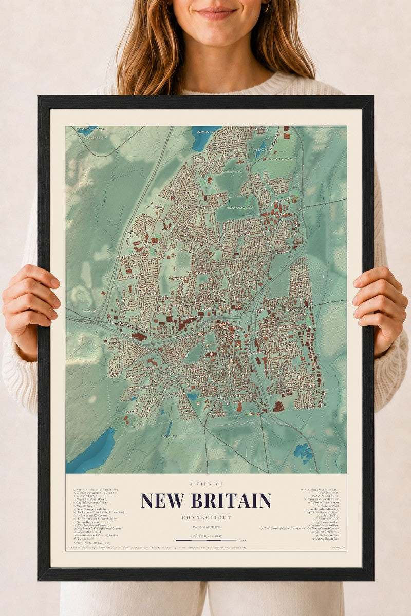 New Britain, Connecticut map print, 18" x 24", W/ Black Ayous Wood Frame