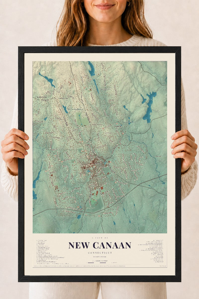 New Canaan, Connecticut map print, 18" x 24", W/ Black Ayous Wood Frame