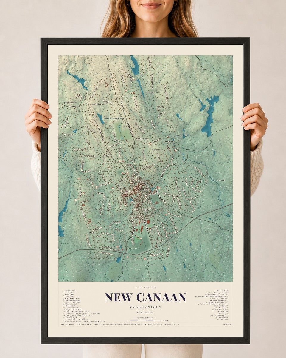 New Canaan, Connecticut map print, 24" x 36", W/ Black Ayous Wood Frame