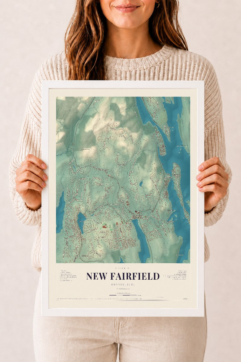 New Fairfield, Connecticut map print, 12" x 18", W/ White Ayous Wood Frame