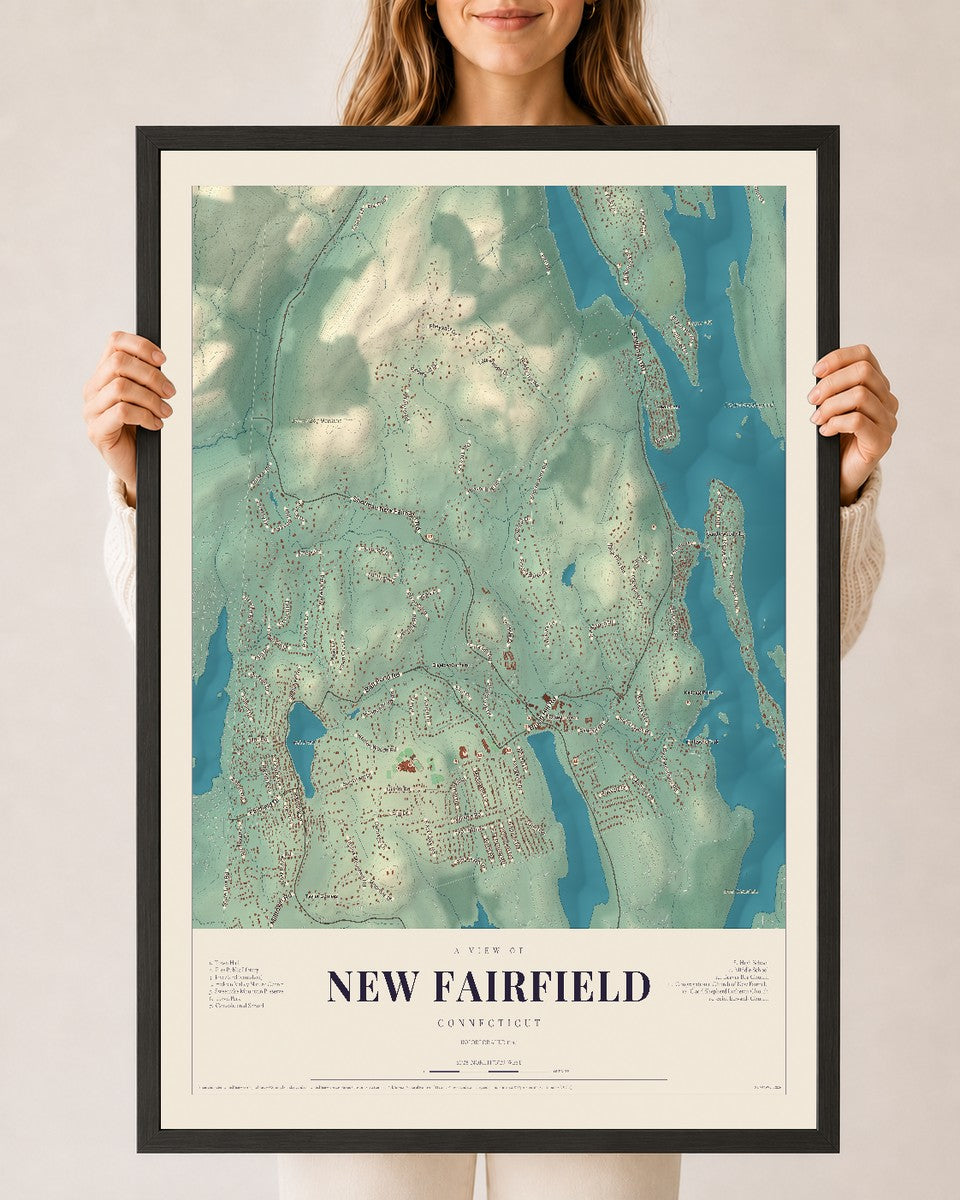 New Fairfield, Connecticut map print, 24" x 36", W/ Black Ayous Wood Frame