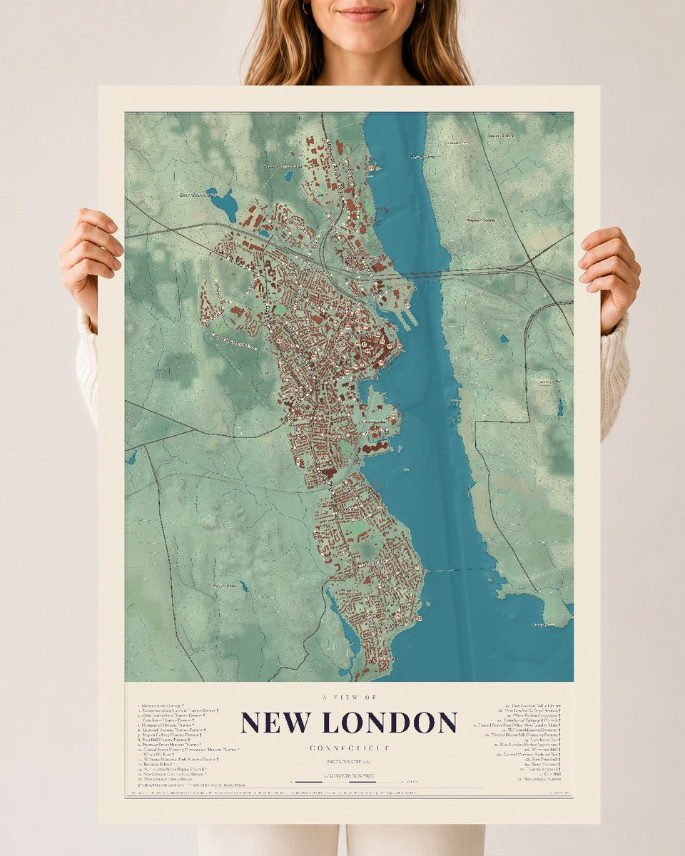 New London, Connecticut map print, 24" x 36", Archival Matte Print