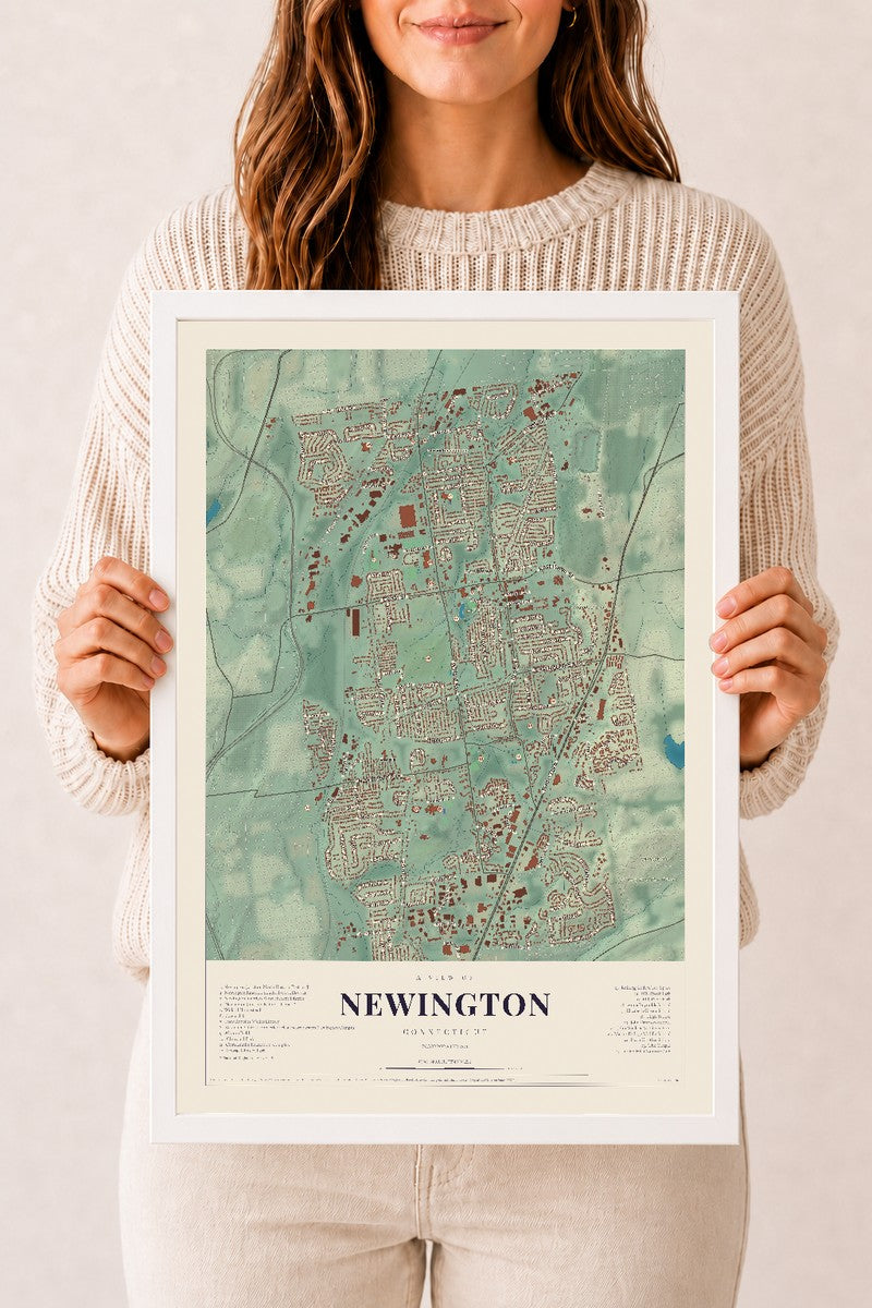 Newington, Connecticut map print, 12" x 18", W/ White Ayous Wood Frame