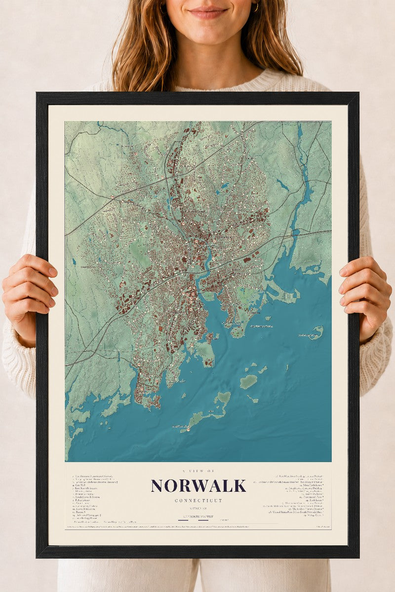 Norwalk, Connecticut map print, 18" x 24", W/ Black Ayous Wood Frame