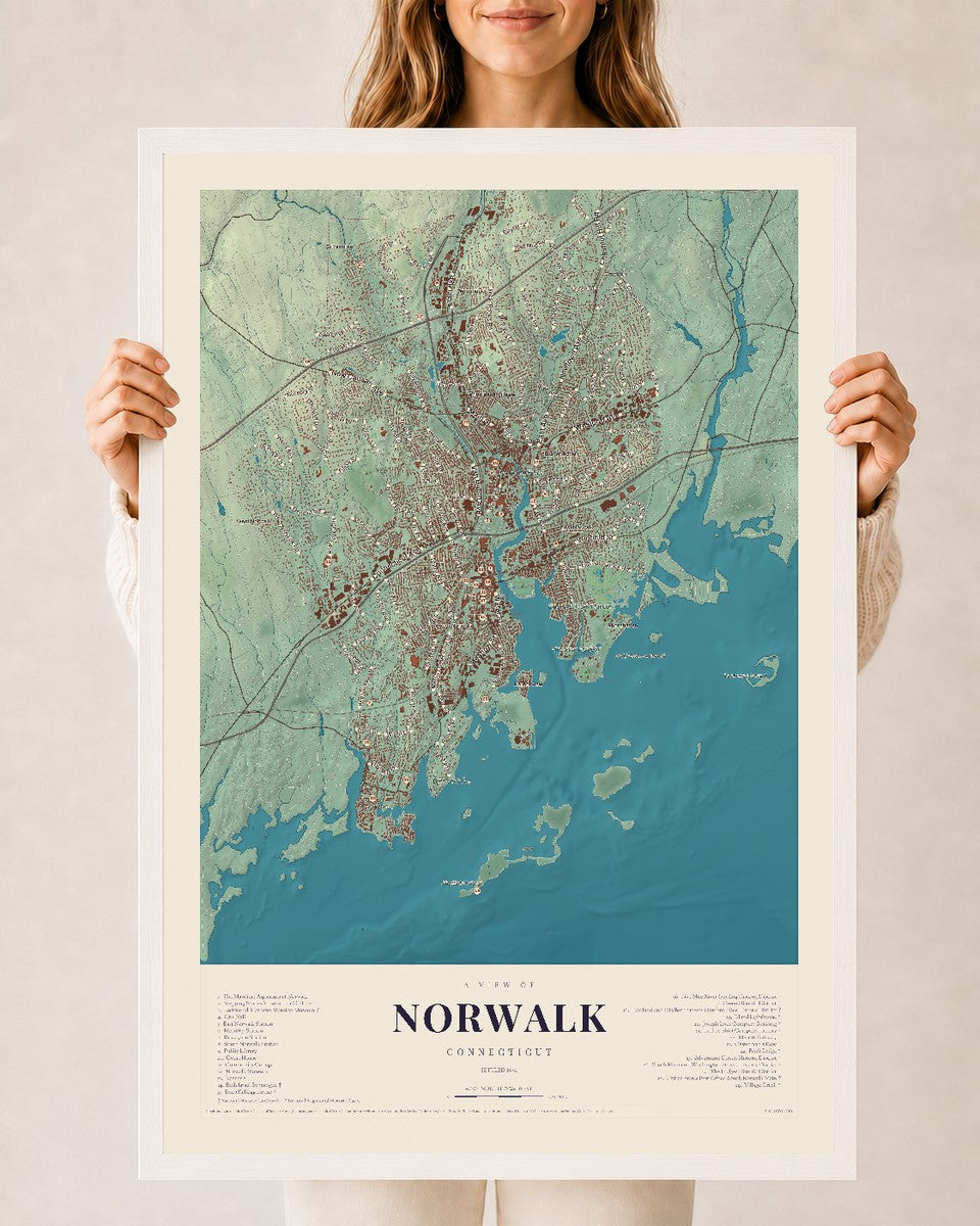 Norwalk, Connecticut map print, 24" x 36", W/ White Ayous Wood Frame