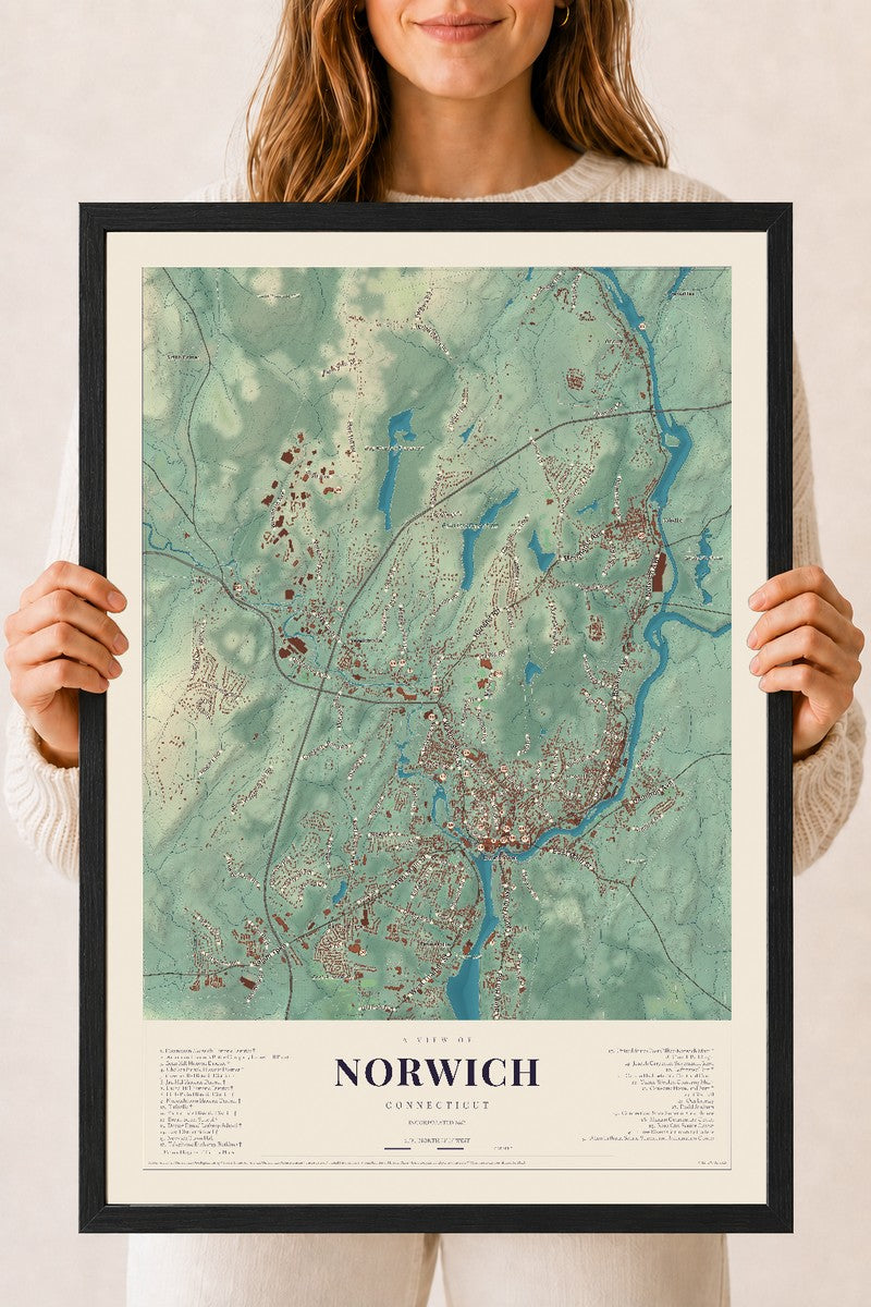 Norwich, Connecticut map print, 18" x 24", W/ Black Ayous Wood Frame