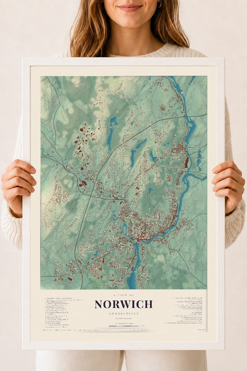 Norwich, Connecticut map print, 18" x 24", W/ White Ayous Wood Frame