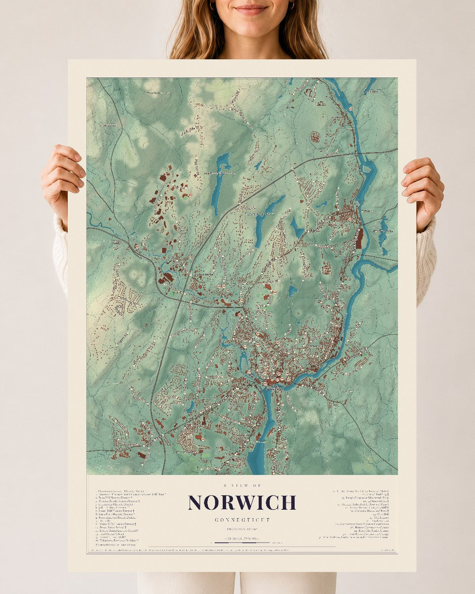 Norwich, Connecticut map print, 24" x 36", Archival Matte Print