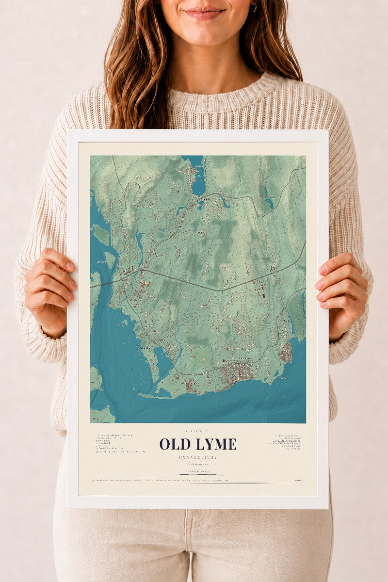 Old Lyme, Connecticut map print, 12" x 18", W/ White Ayous Wood Frame