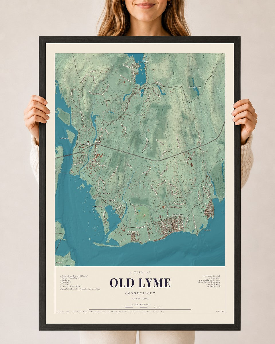 Old Lyme, Connecticut map print, 24" x 36", W/ Black Ayous Wood Frame