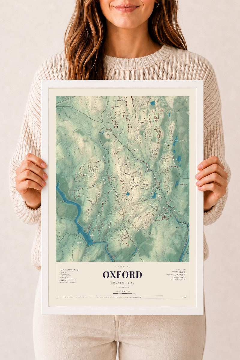 Oxford, Connecticut map print, 12" x 18", W/ White Ayous Wood Frame