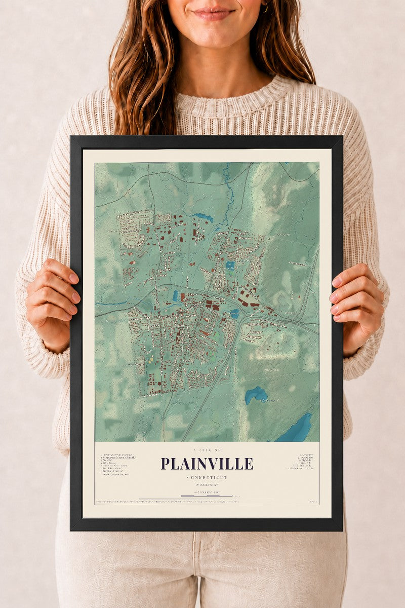 Plainville, Connecticut map print, 12" x 18", W/ Black Ayous Wood Frame