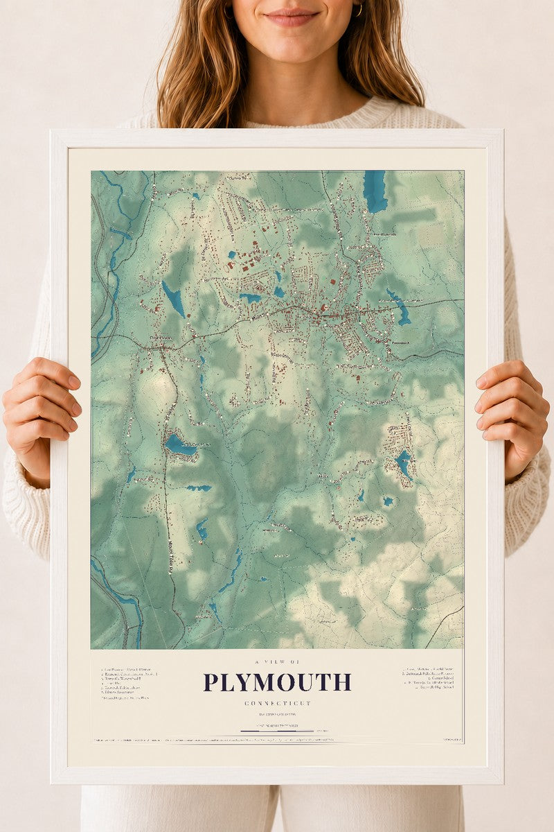 Plymouth, Connecticut map print, 18" x 24", W/ White Ayous Wood Frame