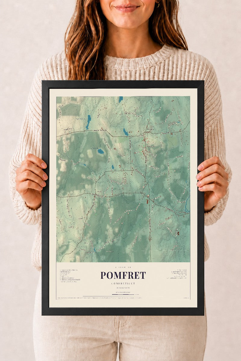 Pomfret, Connecticut map print, 12" x 18", W/ Black Ayous Wood Frame