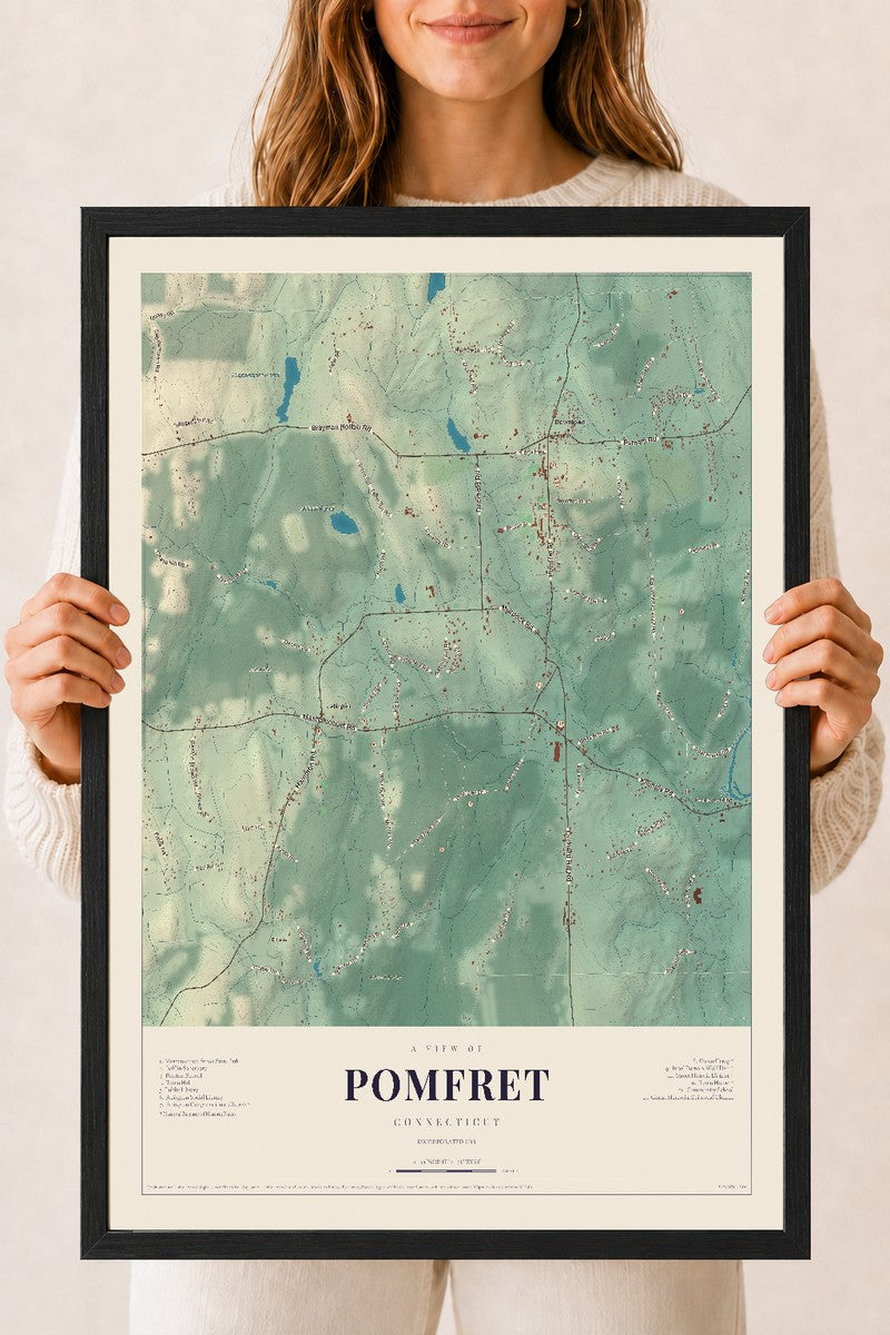 Pomfret, Connecticut map print, 18" x 24", W/ Black Ayous Wood Frame
