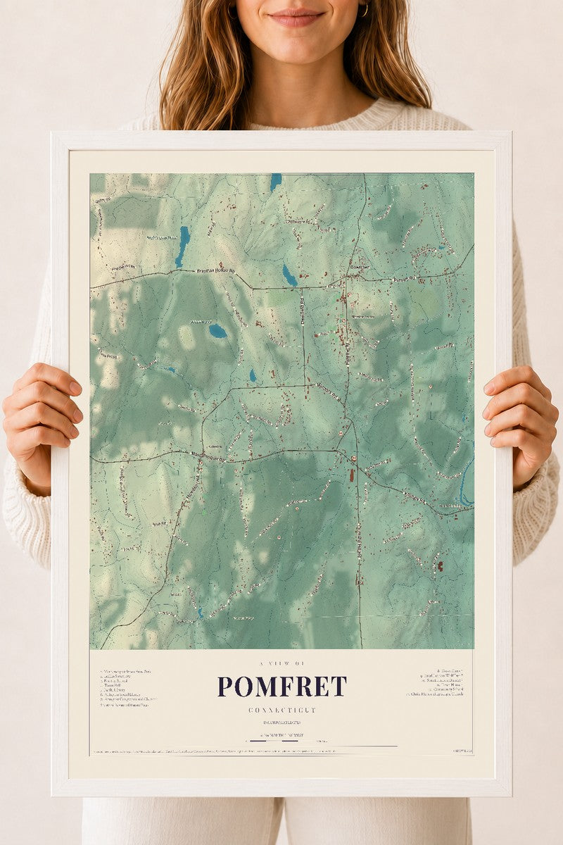 Pomfret, Connecticut map print, 18" x 24", W/ White Ayous Wood Frame