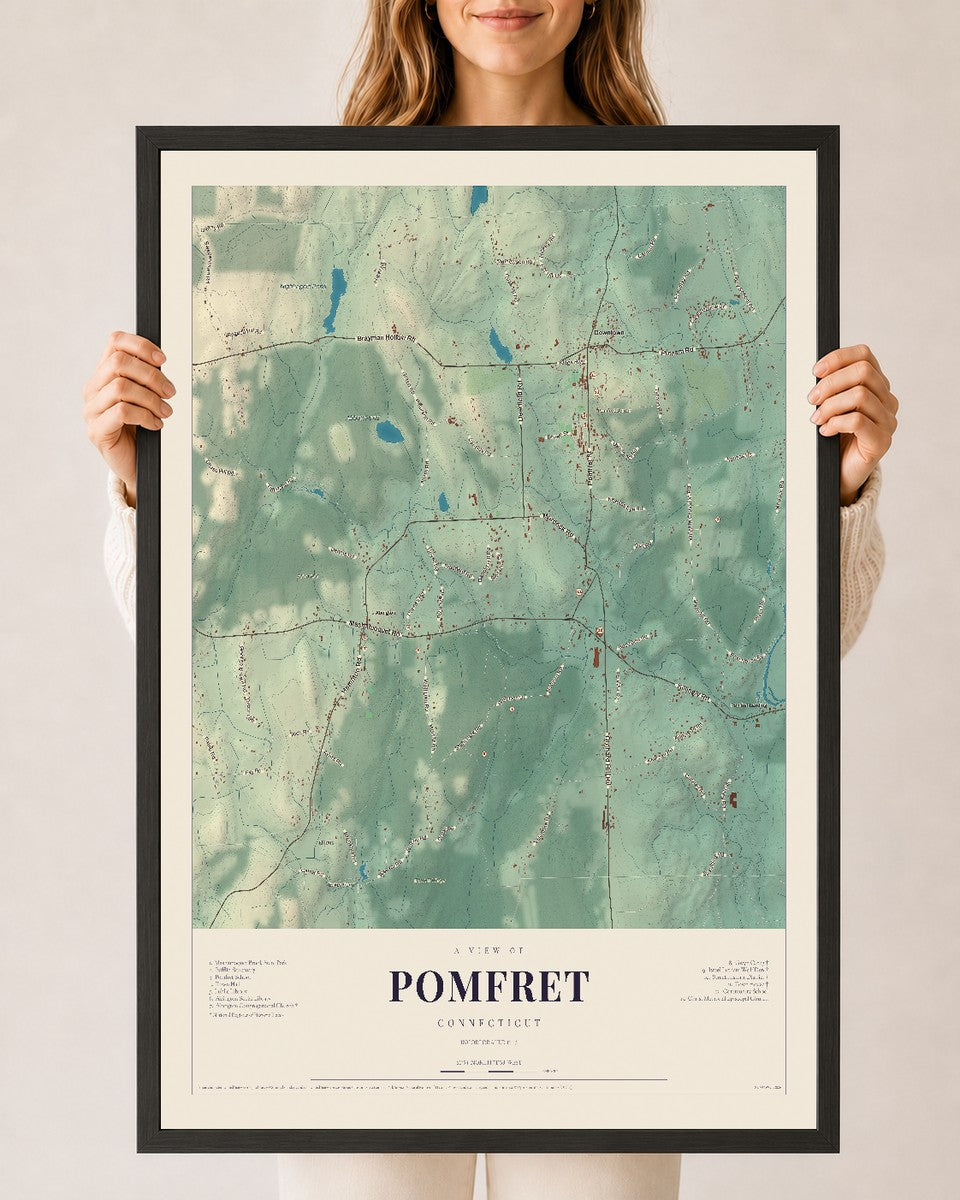 Pomfret, Connecticut map print, 24" x 36", W/ Black Ayous Wood Frame