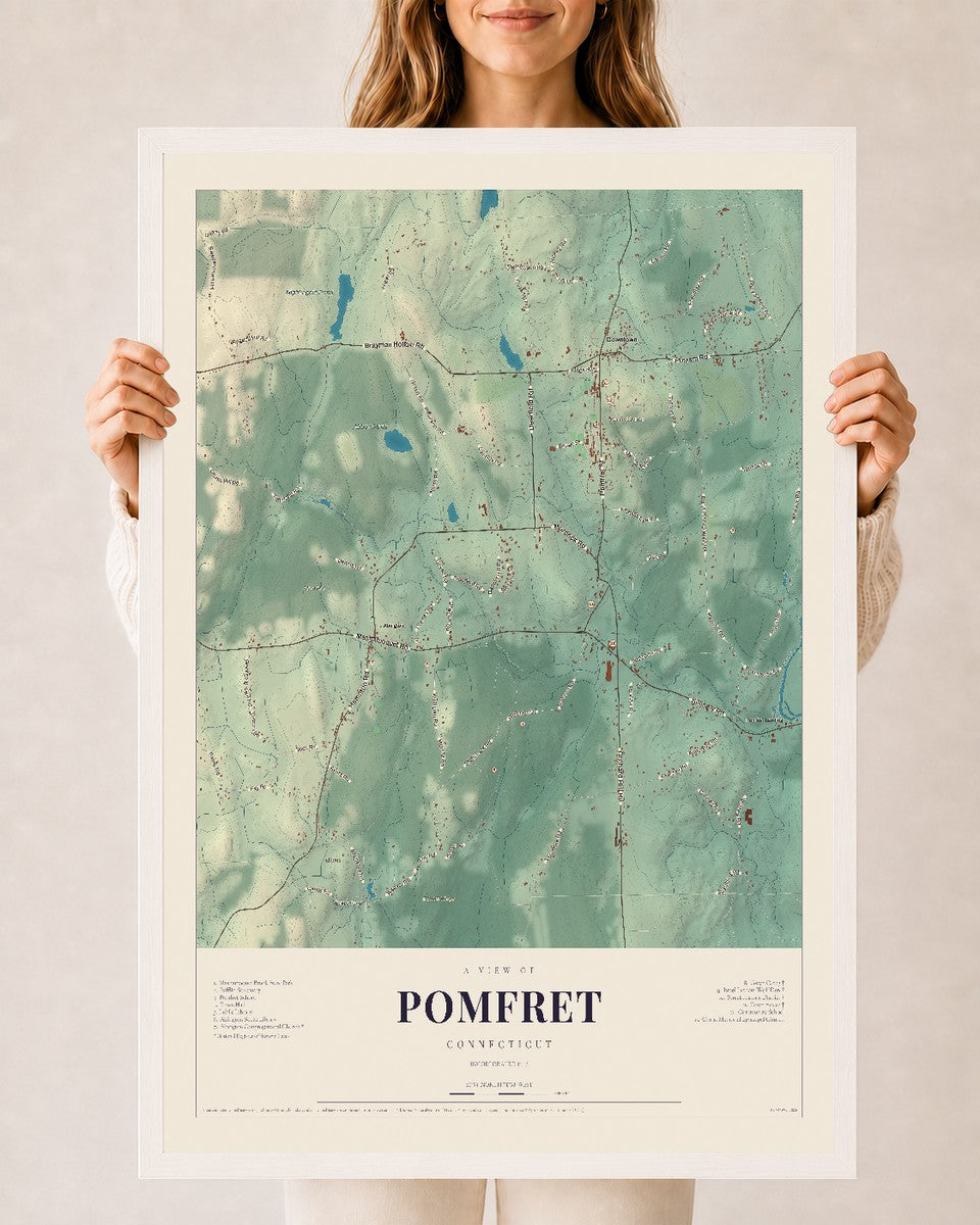 Pomfret, Connecticut map print, 24" x 36", W/ White Ayous Wood Frame