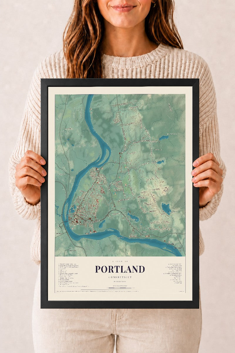 Portland, Connecticut map print, 12" x 18", W/ Black Ayous Wood Frame
