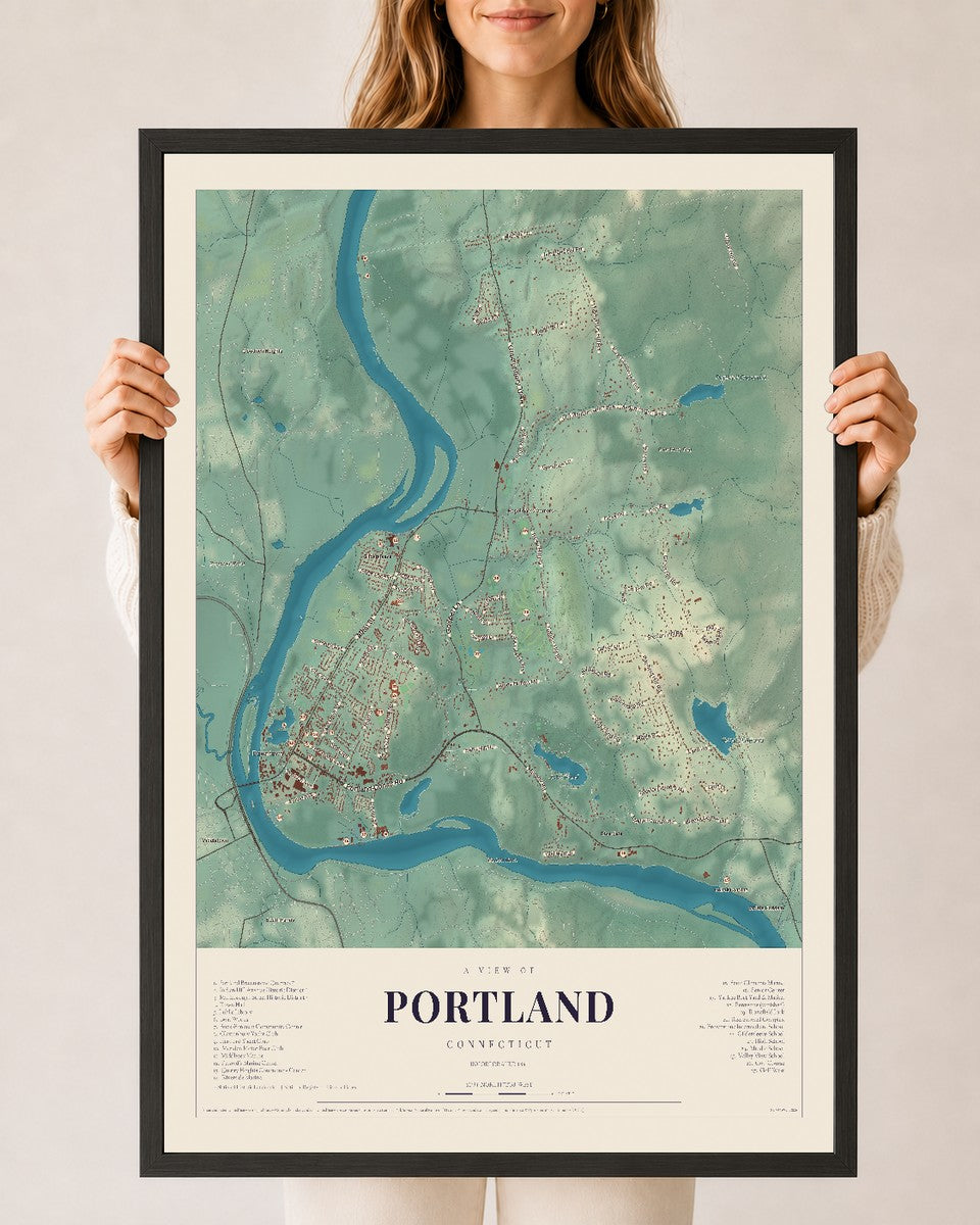 Portland, Connecticut map print, 24" x 36", W/ Black Ayous Wood Frame