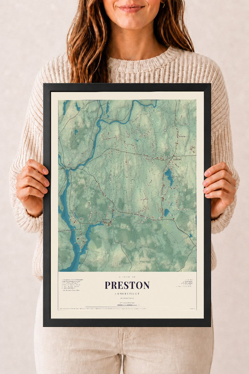 Preston, Connecticut map print, 12" x 18", W/ Black Ayous Wood Frame