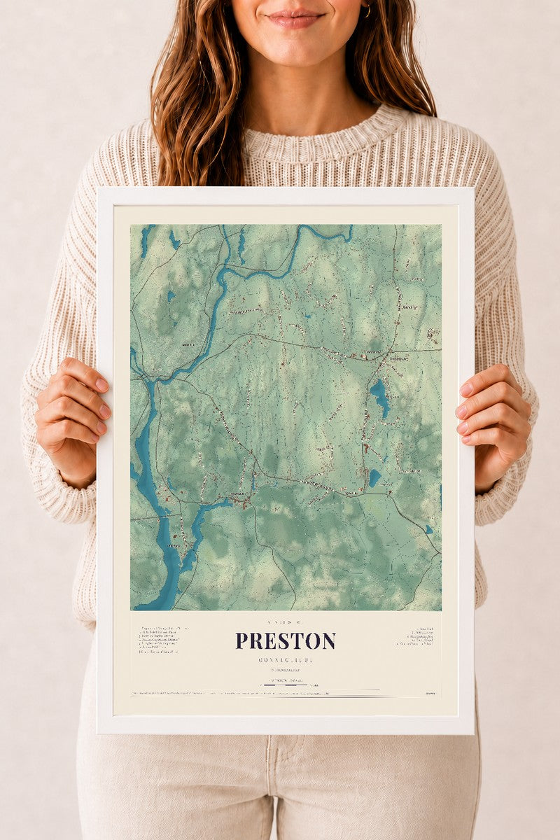 Preston, Connecticut map print, 12" x 18", W/ White Ayous Wood Frame