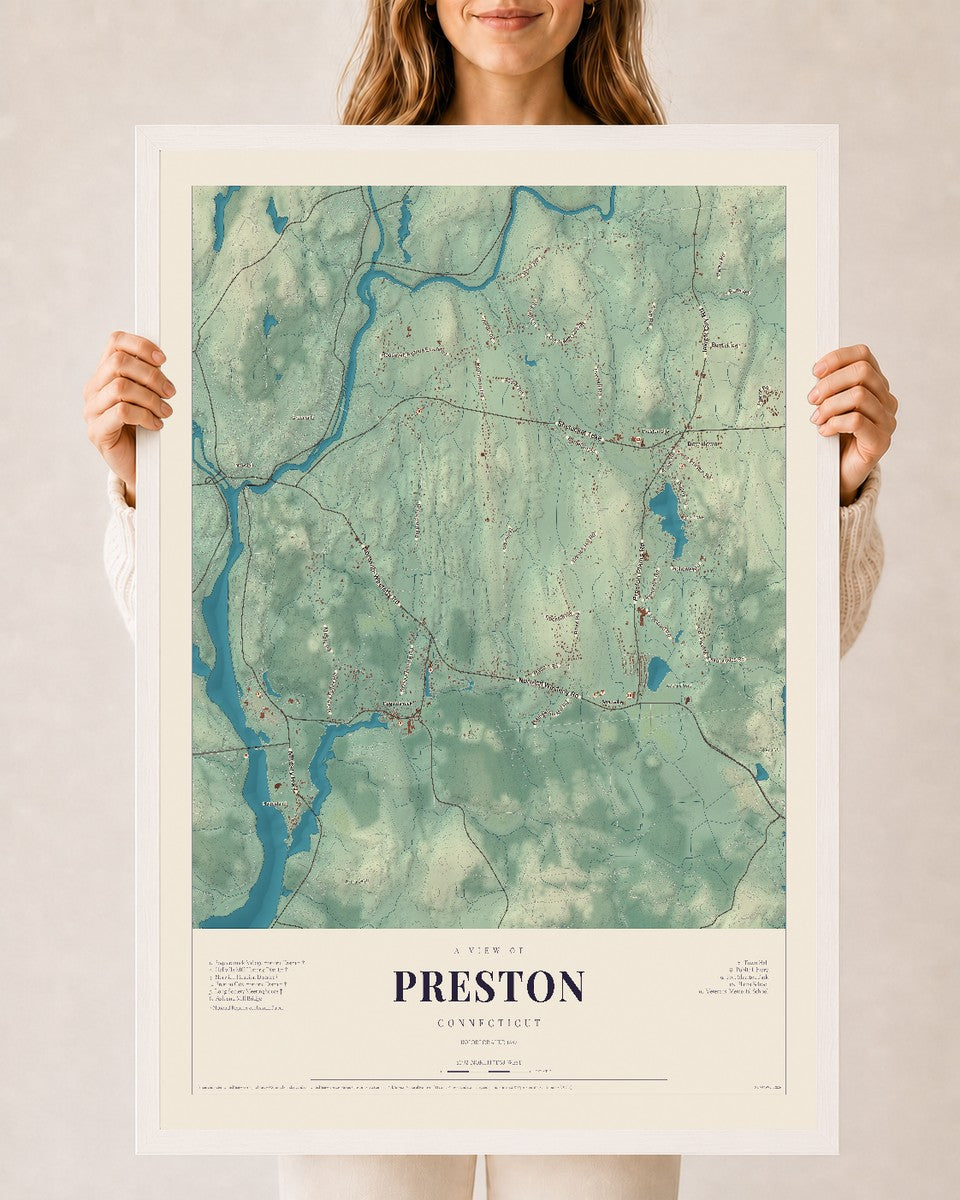 Preston, Connecticut map print, 24" x 36", W/ White Ayous Wood Frame