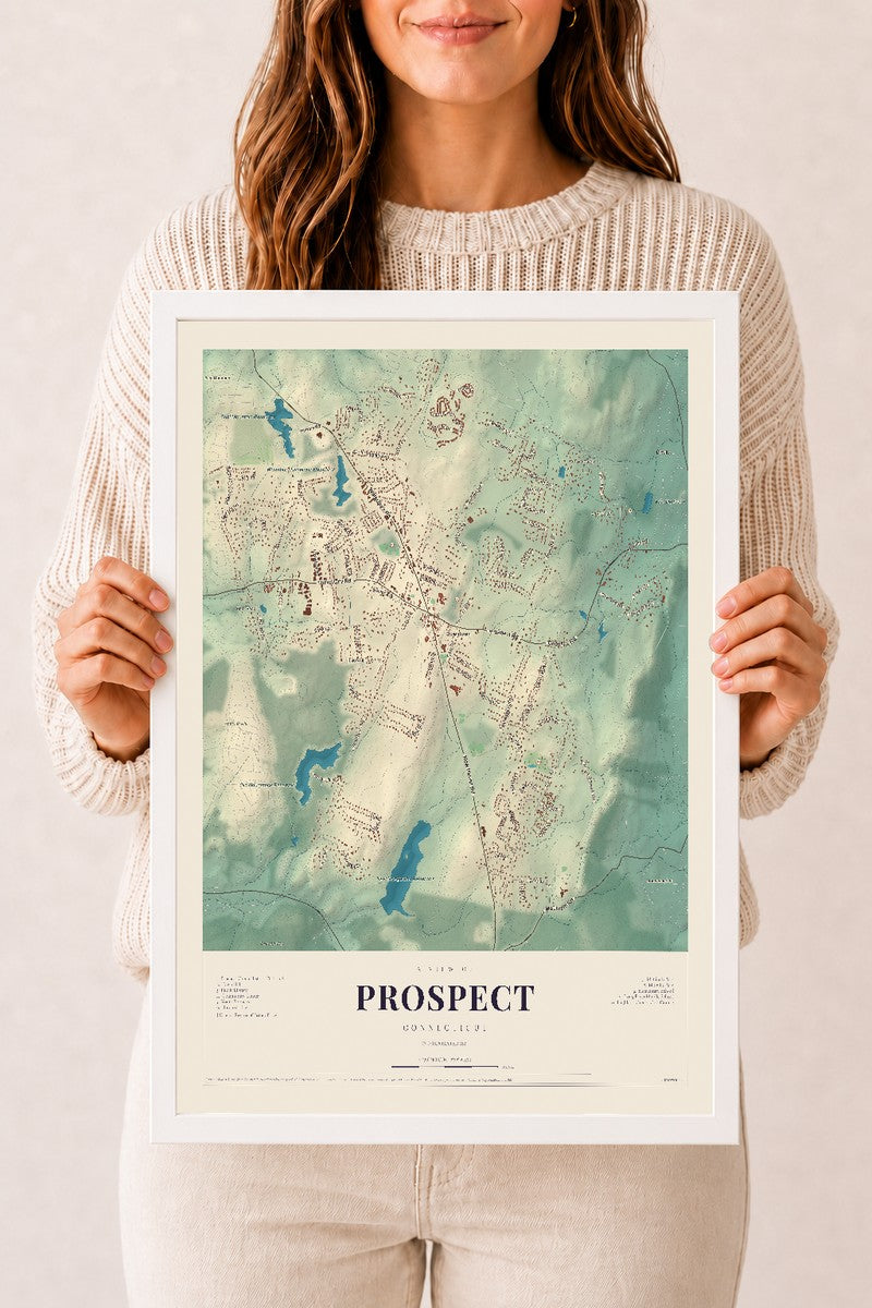 Prospect, Connecticut map print, 12" x 18", W/ White Ayous Wood Frame