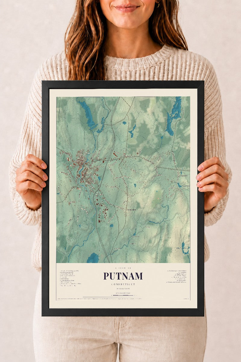 Putnam, Connecticut map print, 12" x 18", W/ Black Ayous Wood Frame