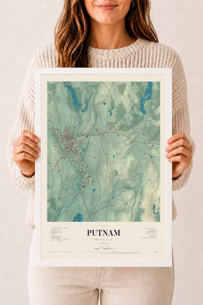 Putnam, Connecticut map print, 12" x 18", W/ White Ayous Wood Frame