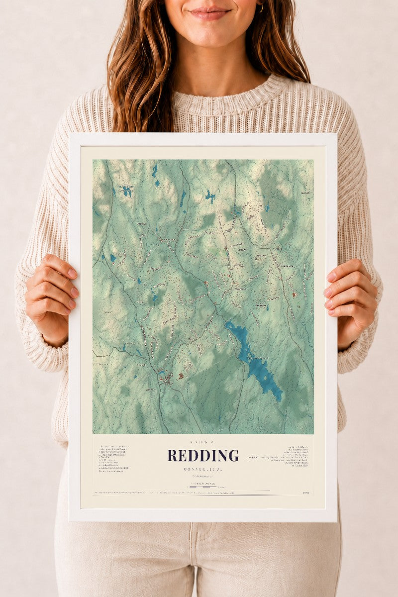 Redding, Connecticut map print, 12" x 18", W/ White Ayous Wood Frame