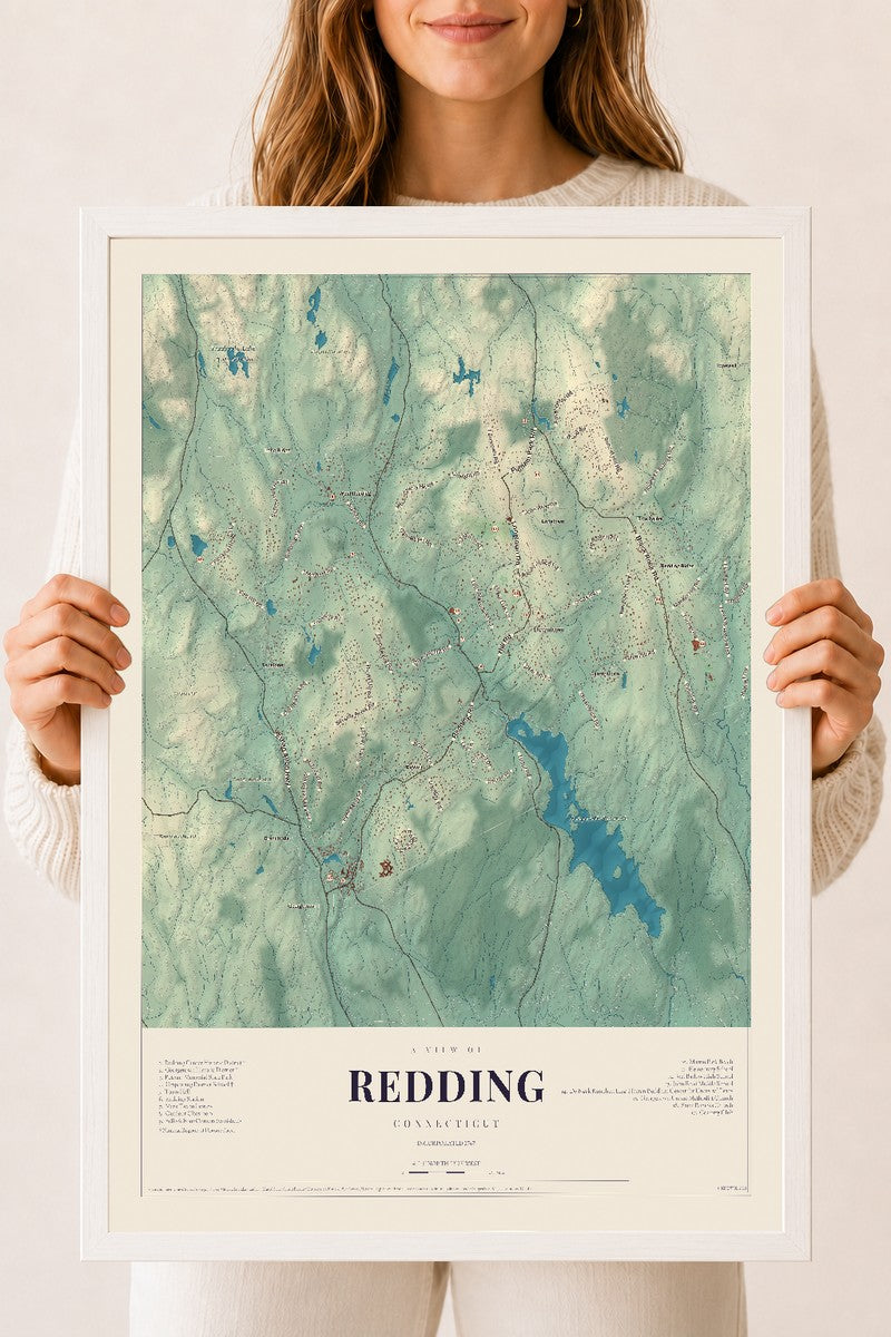 Redding, Connecticut map print, 18" x 24", W/ White Ayous Wood Frame