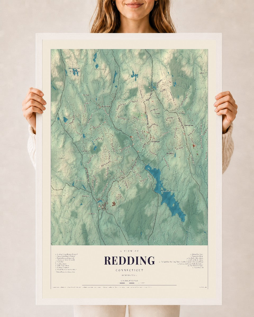 Redding, Connecticut map print, 24" x 36", W/ White Ayous Wood Frame
