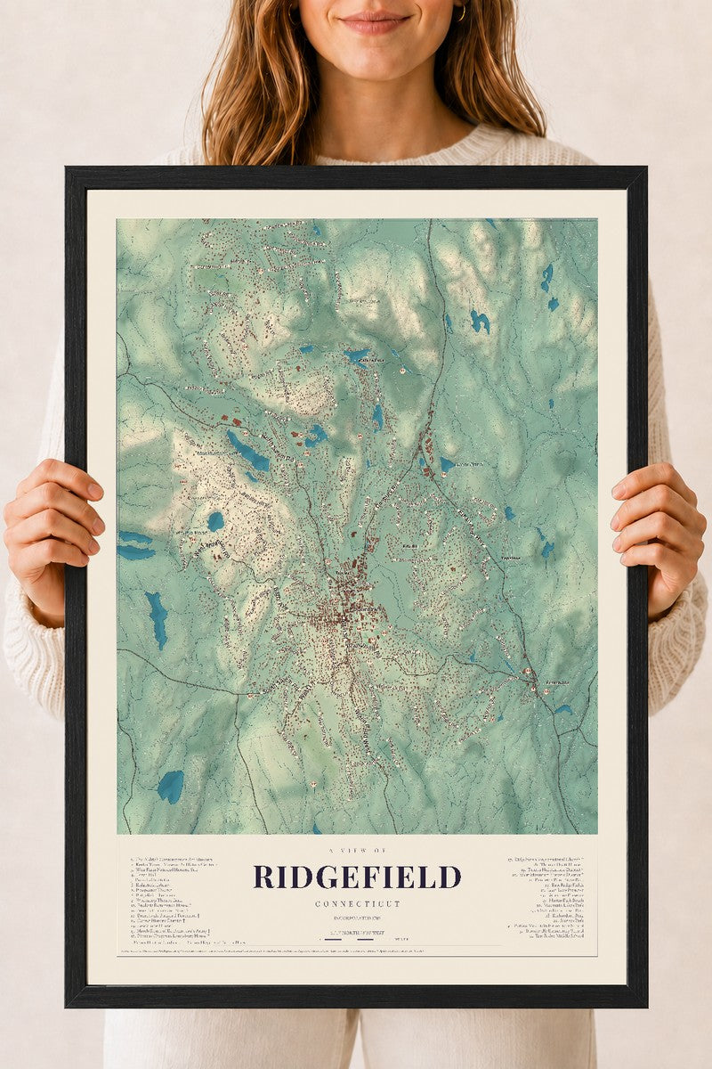 Ridgefield, Connecticut map print, 18" x 24", W/ Black Ayous Wood Frame