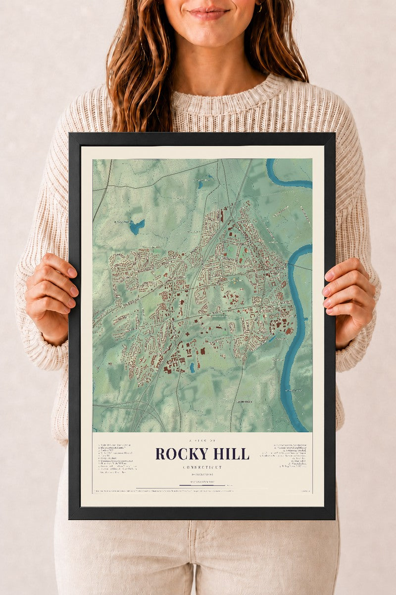 Rocky Hill, Connecticut map print, 12" x 18", W/ Black Ayous Wood Frame