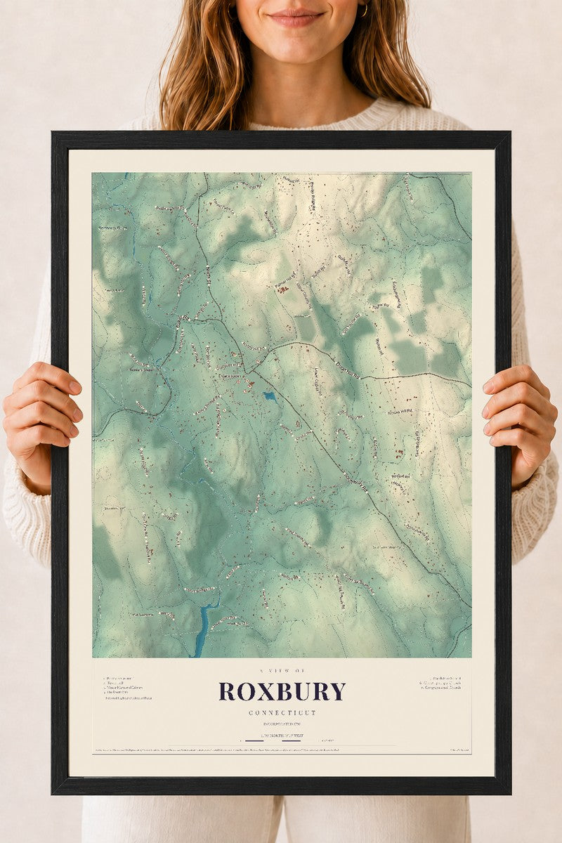 Roxbury, Connecticut map print, 18" x 24", W/ Black Ayous Wood Frame
