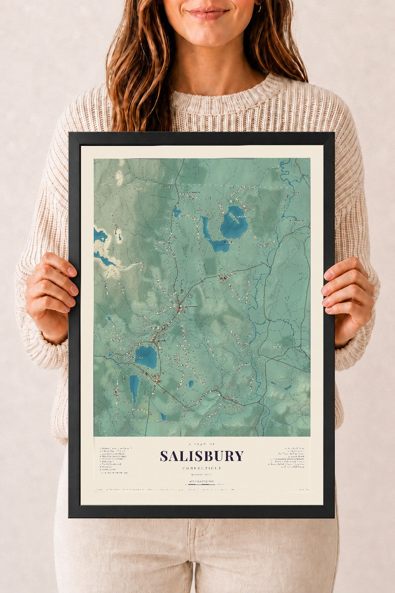 Salisbury, Connecticut map print, 12" x 18", W/ Black Ayous Wood Frame
