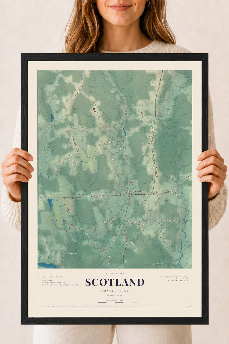 Scotland, Connecticut map print, 18" x 24", W/ Black Ayous Wood Frame