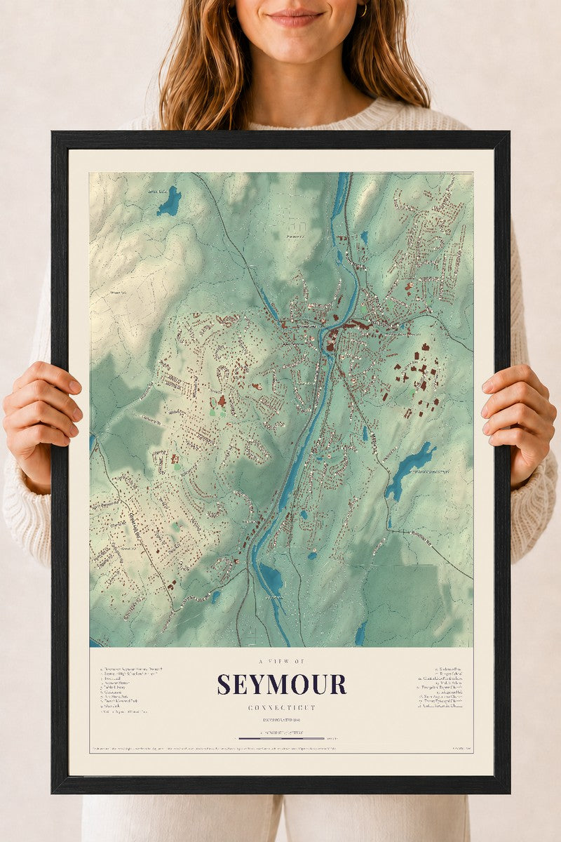 Seymour, Connecticut map print, 18" x 24", W/ Black Ayous Wood Frame