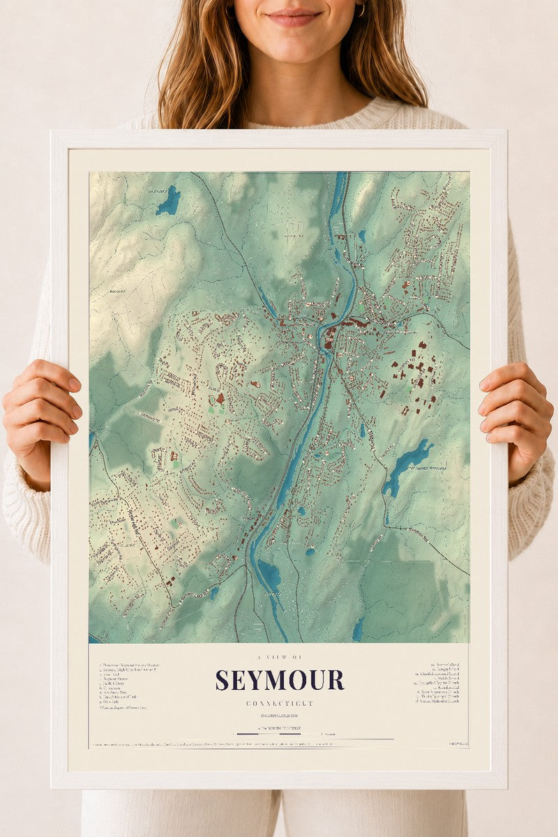 Seymour, Connecticut map print, 18" x 24", W/ White Ayous Wood Frame