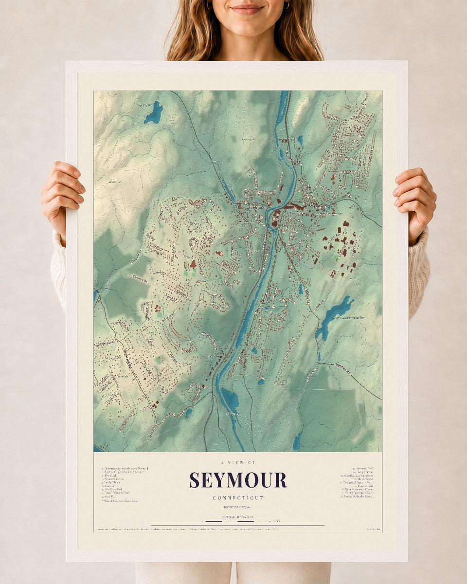 Seymour, Connecticut map print, 24" x 36", W/ White Ayous Wood Frame