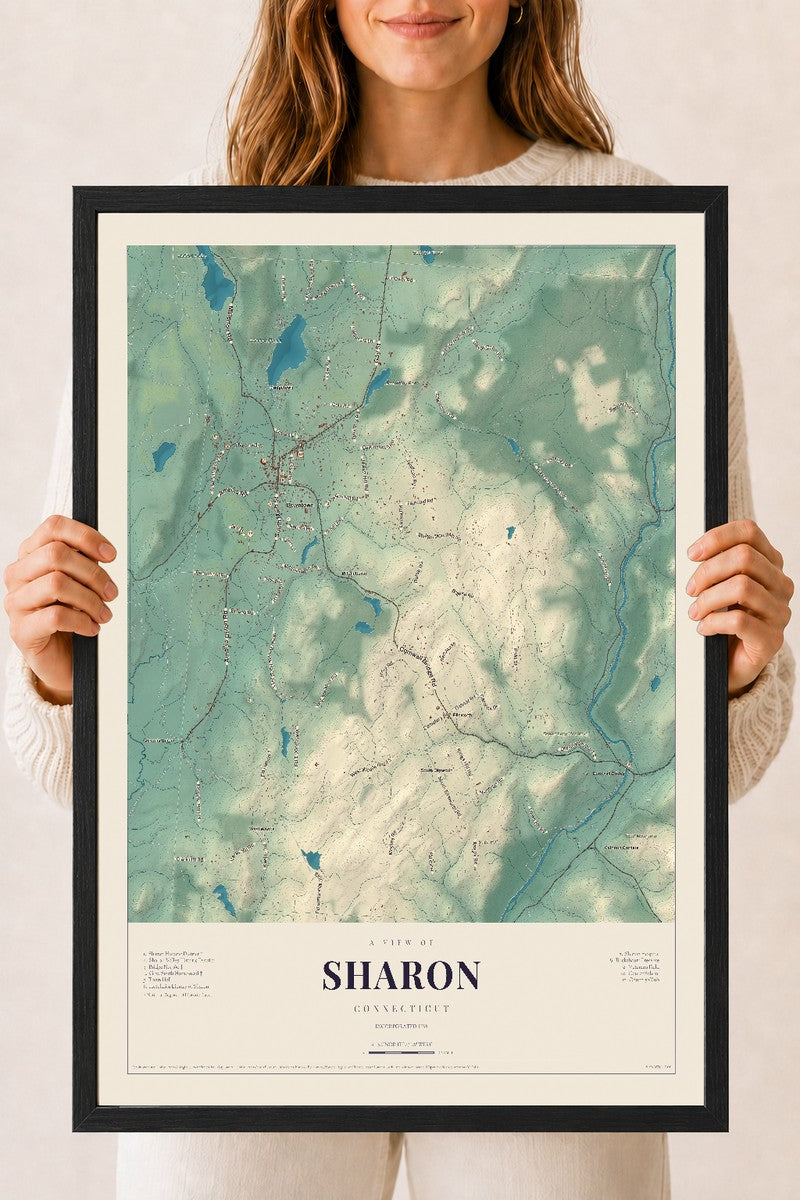 Sharon, Connecticut map print, 18" x 24", W/ Black Ayous Wood Frame
